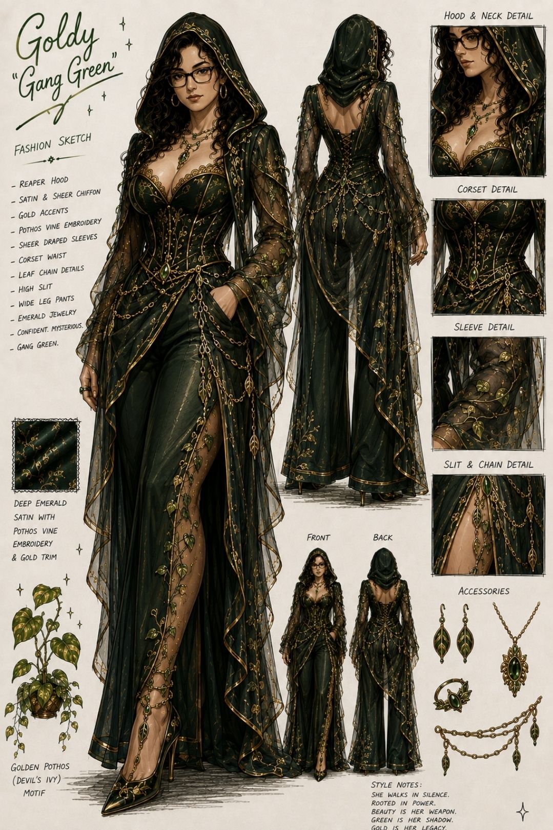 Goldy “Gang Green” Fashion Sketch | Golden Pothos Emerald Gown | Fantasy Fashion Illustration