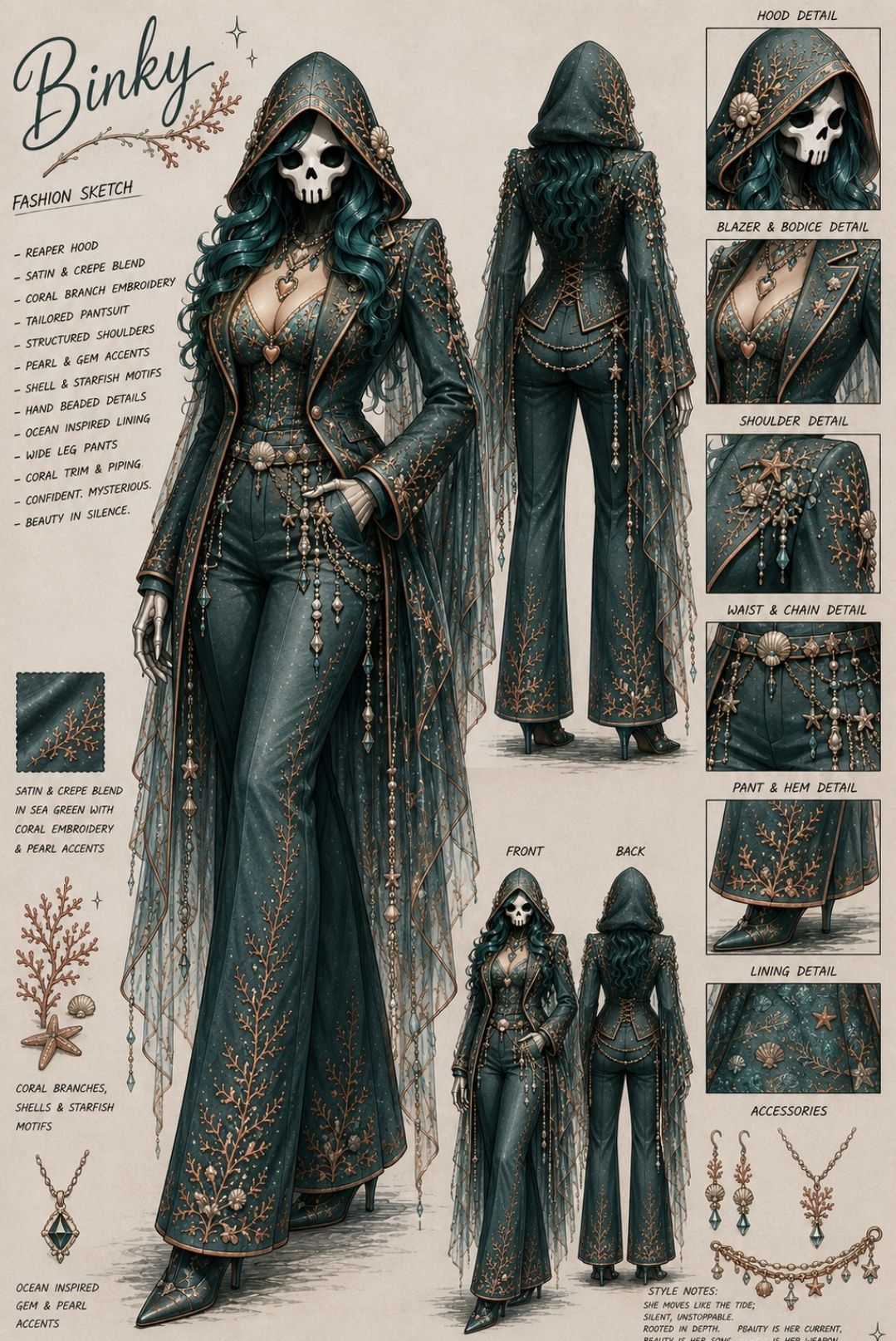Binky Fashion Sketch | Sea Green Coral Pantsuit | Fantasy Fashion Illustration