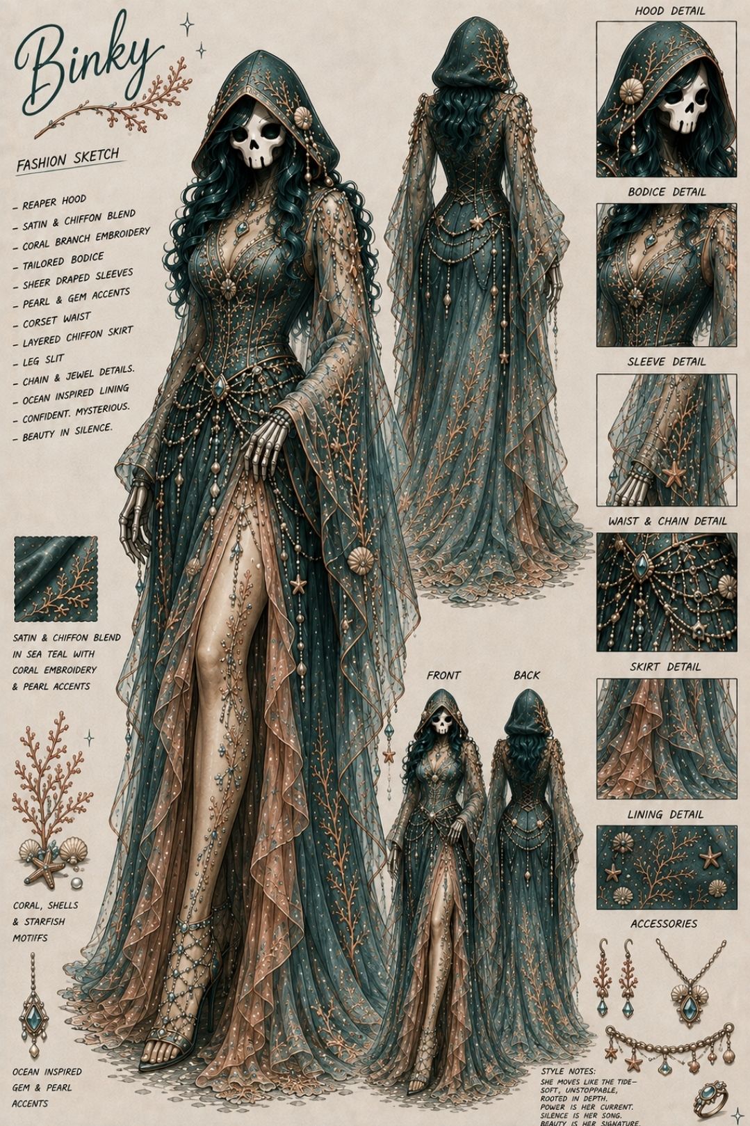 Binky Fashion Sketch | Sea Teal Coral Gown | Fantasy Fashion Illustration
