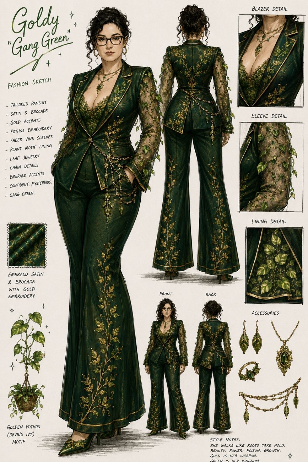 Goldy “Gang Green” Fashion Sketch | Golden Pothos Emerald Blazer Pantsuit | Botanical Fashion Illustration
