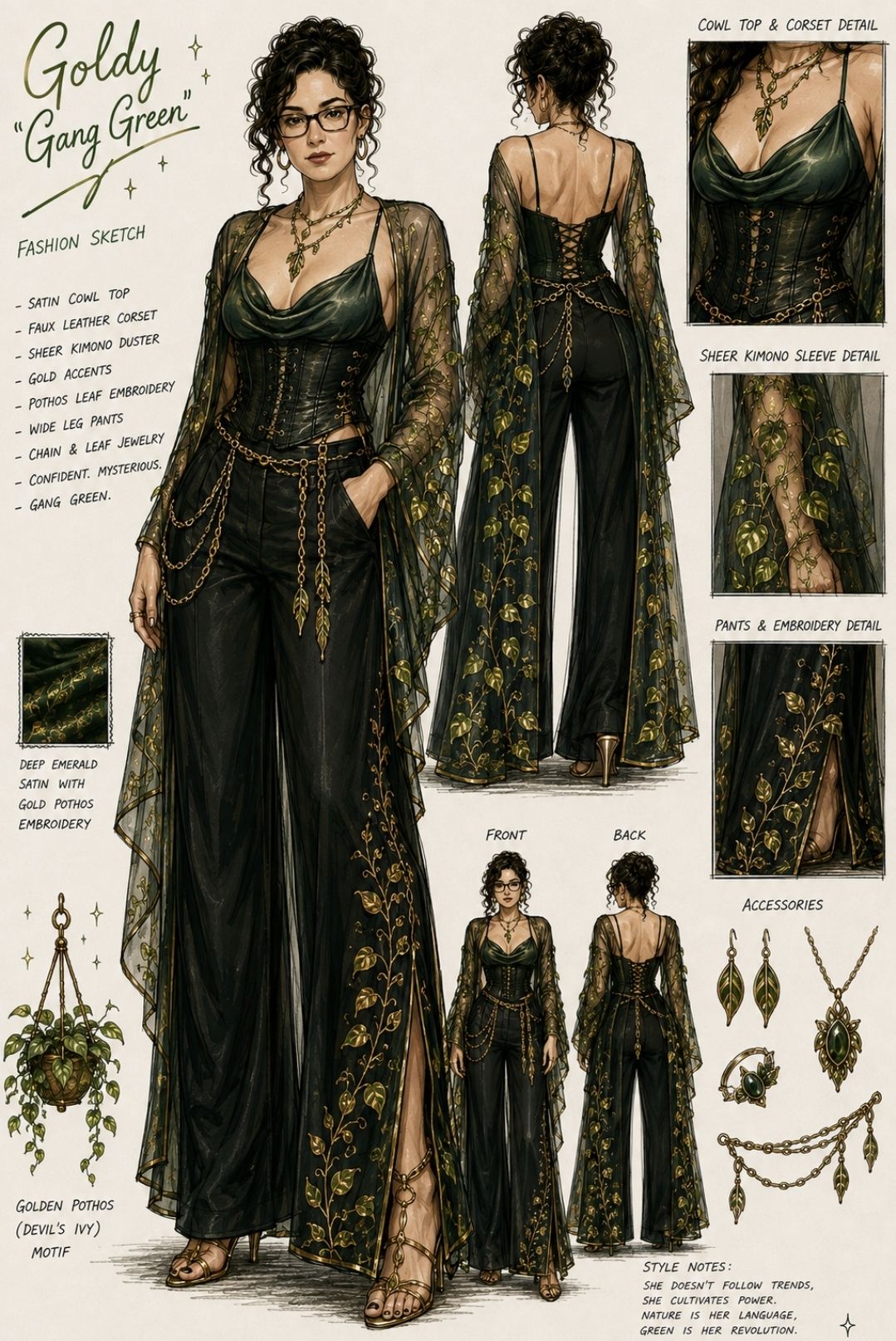 Goldy “Gang Green” Fashion Sketch | Golden Pothos Emerald Pantsuit | Botanical Fashion Illustration